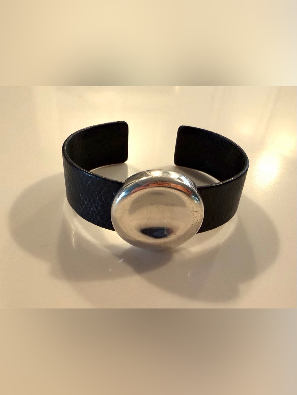 MOVADO•925 silver button leather cuff bracelet